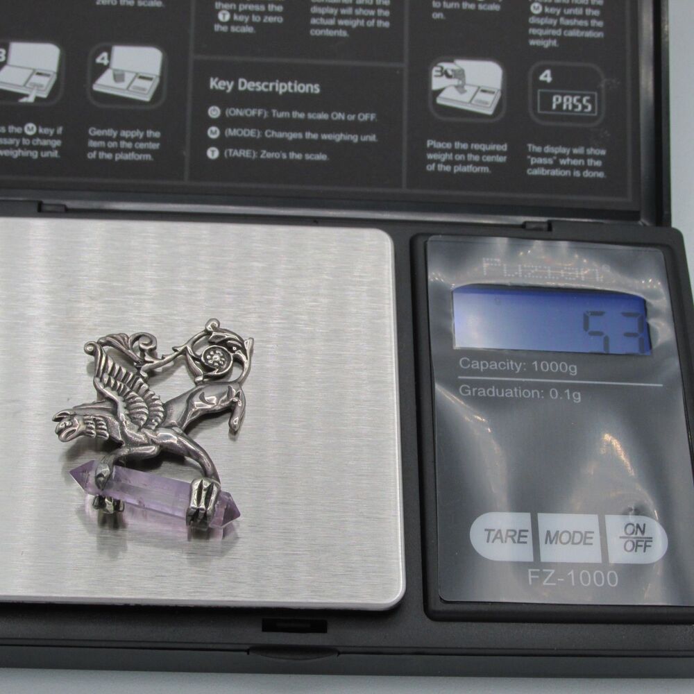 925 Sterling Silver Griffin Gryphon Amethyst Crystal Point Necklace Fantasy - Picture 7 of 7